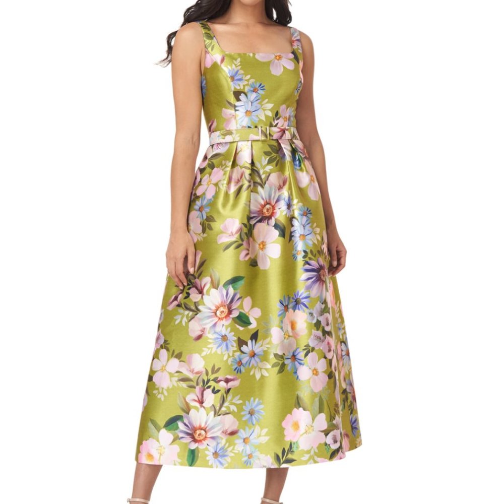 Kay Unger Lacey T-Length Dress - 6 / Chartreuse Foxglove Floral